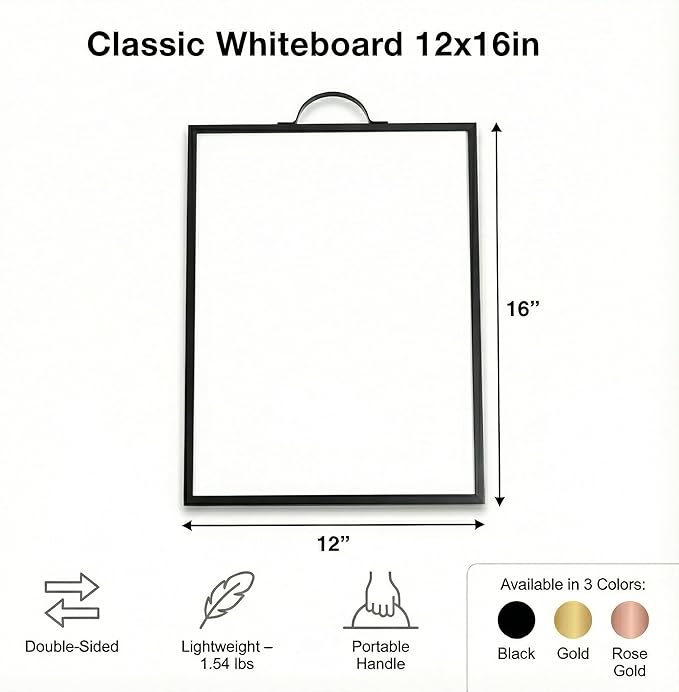 Magnetic Dry Erase Board 12x16 with Handle, Double Sided Portable Black Whiteboard for Home, Office, School & Kitchen, Includes Weekly & Monthly Magnetic Planner Sheets
