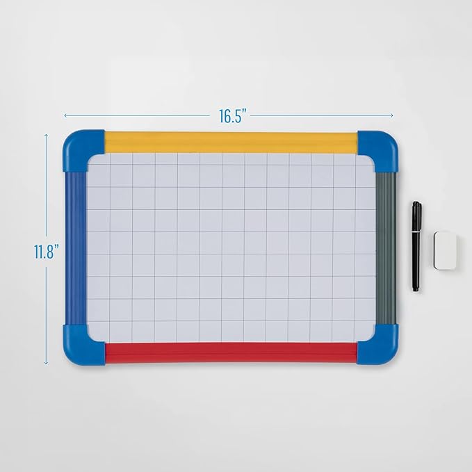 MasterVision Schoolmate Small Dry Erase Lap Whiteboard, 16" x 12", Magnetic Lap Board, Multi-Colored Frame, Double Sided White Board (Blank/Gridded), for Kids, Students, Schools