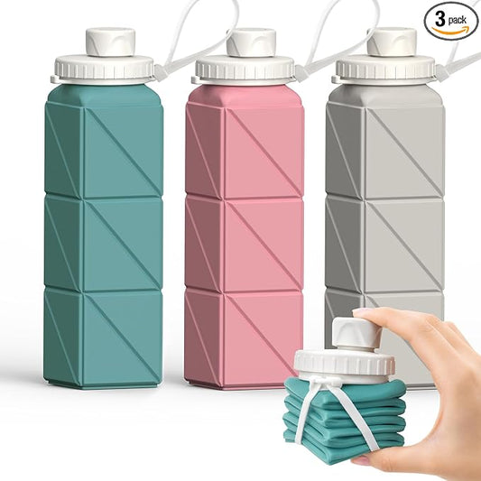 BEAUTAIL Collapsible Water Bottles 21oz/610mL, Silicone Travel Water Bottle | BPA Free, Leakproof & Reusable, Foldable Water Bottle for Traveling, Hiking, Cycling, Gym, School, Sports, Outdoor, 3-Pack