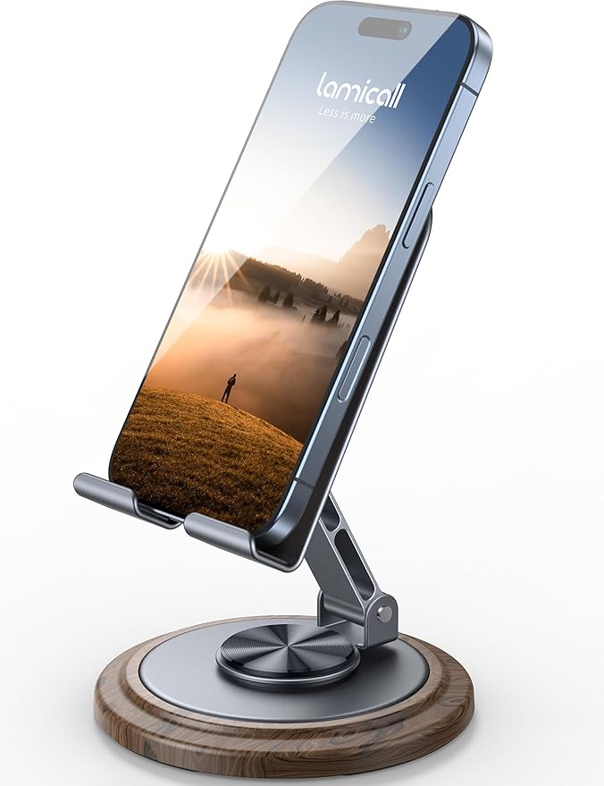 Lamicall Grey Phone Holder, Desk Accessories for Men - Gifts for Fathers Day for Teens, Boys, Girls, Adults & Men Simulated Wood Grain Cell Phone Holder, Office Decor, 4-10” Phones, iPad mini