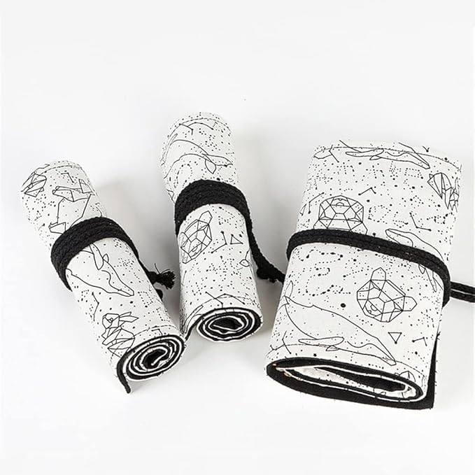 DIYOMR 12/24/36/72 Slots Pencil Wrap Pencil Rolls, Artist Colored Pencil Roll Up Bag Short Brush Pouch Organizer for Drawing Coloring and Sketching, No Pencils (White Starry Sky, 12slots)