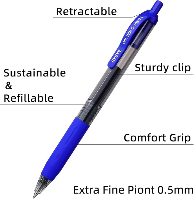 EYEYE G-103 Gel Pens 8 Black 7 Blue, Retractable, 0.5mm Extra Fine Point | Quick Drying, Ballpoint Pen Fine Point Smooth Writing Pens for Office Supplies, Black to School