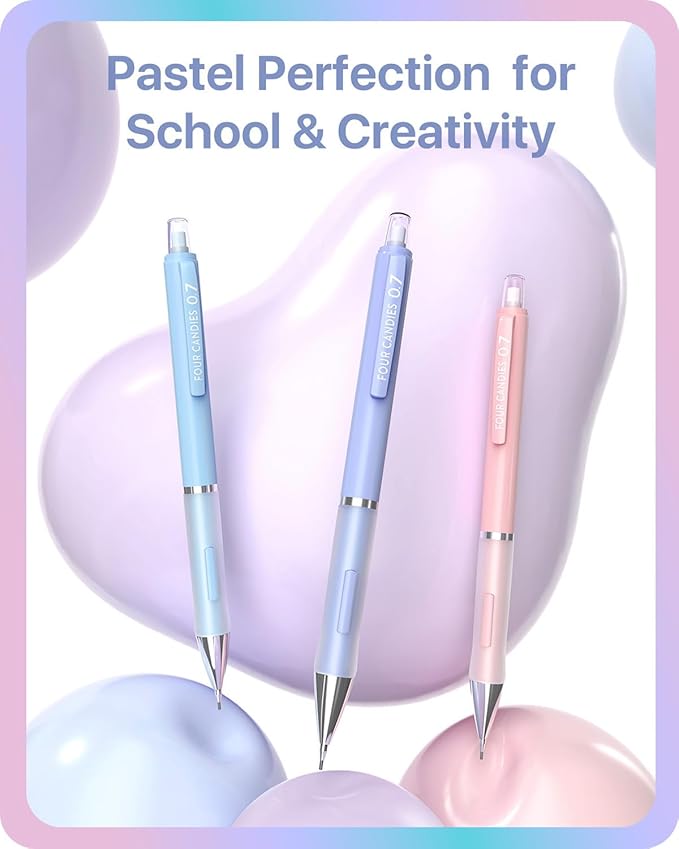 Four Candies 6PCS Cute Mechanical Pencil Set, 0.5mm & 0.7mm with 360PCS Lead Refills, Pastel Erasers & Case, Clean Girl Preppy School Supplies for College Standardized Tests and Schoolwork