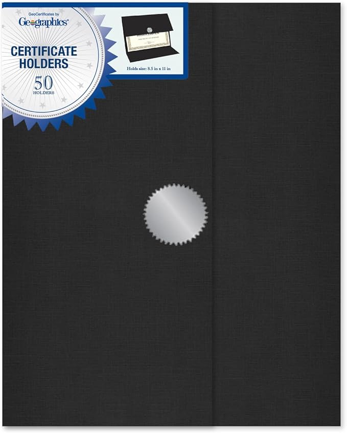 Geographics Certificate Holders - Tri-Fold Navy Linen 9.25x12.5 Inches - 50 Pack - Embossed Die-Cut 80 lb Cover Stock - Silver Medallion Foil Stamp - Ideal for Awards - 218 GSM Document Holder