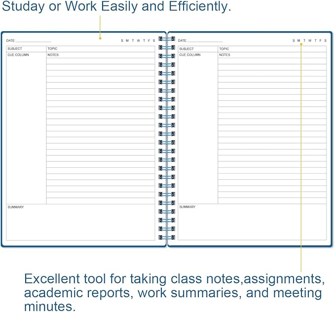 Yaridar A4 Cornell Notes Notebook - College Spiral Cornell Notebooks for Note Taking, Subject Ruled Steno Pads for Office/School/College/Home, 8.5" x 11", Blue