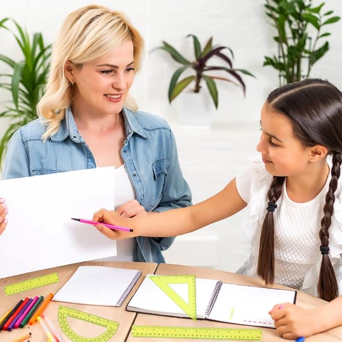 Plastic Clear Ruler Math Set, 6" | 12" Straight Ruler Protractor, 2 Protractors 180 Degree 2 Triangle Rulers 45 | 60 Degree 2 Straight Rulers Measuring Tool for School Office Home Supplie, Yellow