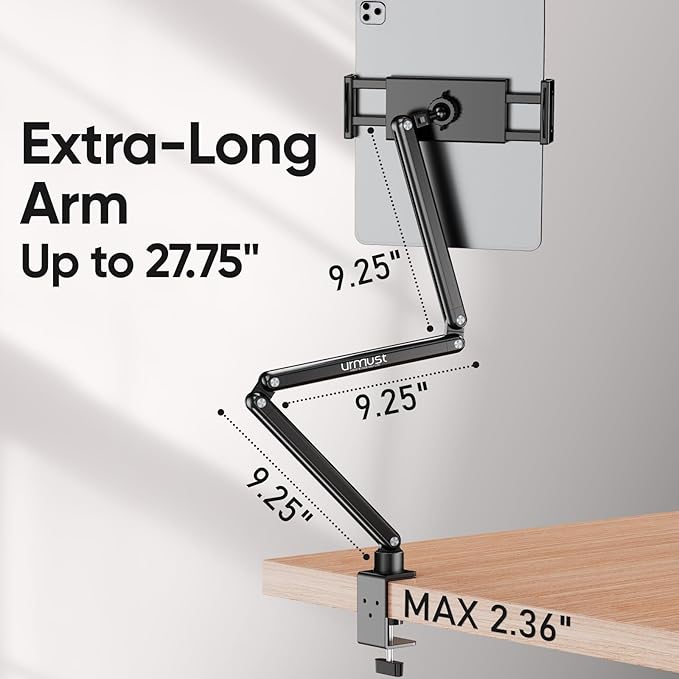 Urmust Tablet Stand for Desk, Adjustable iPad Holder for Bed, 360° Rotation, Sturdy Aluminum Tablet Arm Mount for 4.7"-15.6" iPad Pro/Air/Mini, iPhone, Galaxy Tab, for Kitchen, Work, Video Call
