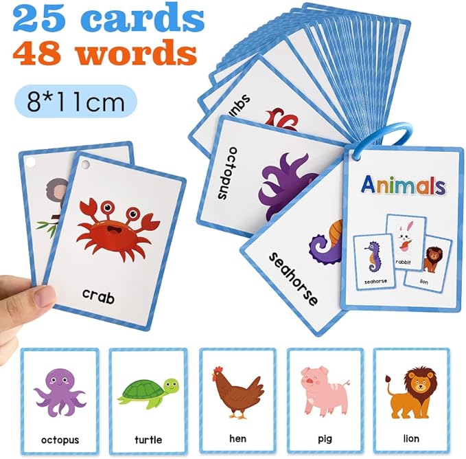 Lachilly Animals Learning Flashcards, High Frequency Words, Beginning Reading, Kindergarten to 1st Grade, ESL Teaching Materials, Autism Learning Materials, Vocabulary Building, 25 Cards, 48 Words