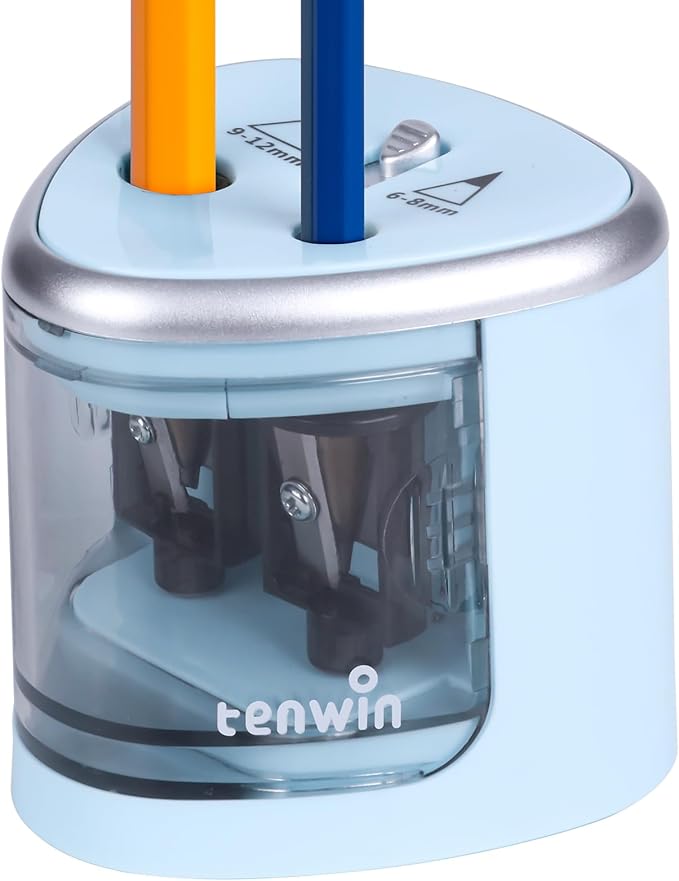 tenwin Electric Pencil Sharpener for Colored Pencils, Battery Operated Pencil Sharpeners for No.2 and 6-12mm Pencils, Dual Hole for Office School Artists Adults Kids Use（Blue）
