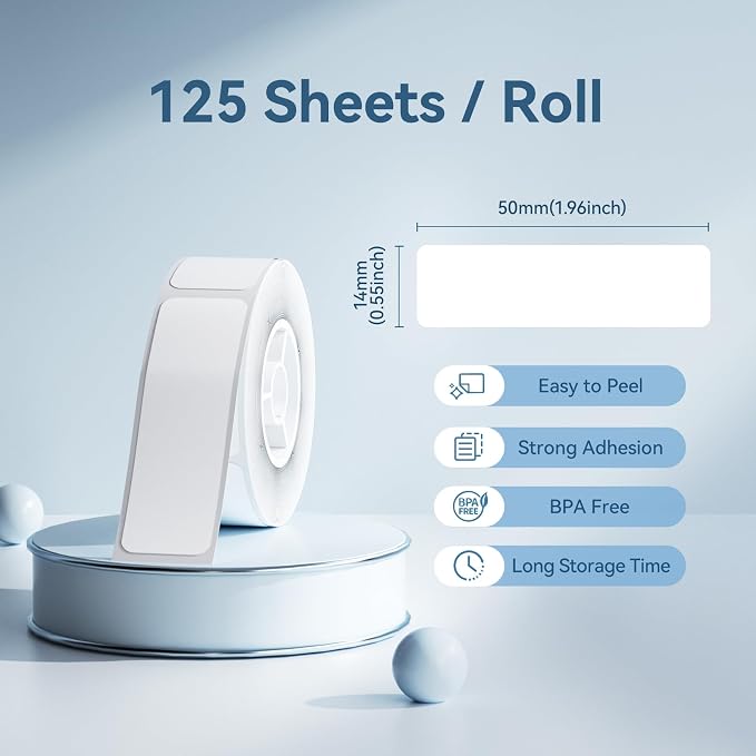 NIIMBOT Thermal Transfer Labels 0.55''x1.97'', Only for N1(B18) Label Maker | 14mmx50mm, 125 Labels/Roll, PET Material, Waterproof and High-Temperature Resistance, Long Storage Time, White