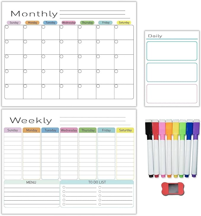 Hivillexun Magnetic Dry Erase Calendar for Fridge - 3 Pack Monthly, Weekly & Daily Planner Set (14"x11"), Includes 8 Ultra-Fine Tip Magnetic Markers & Large Bone Eraser, Reusable Whiteboard