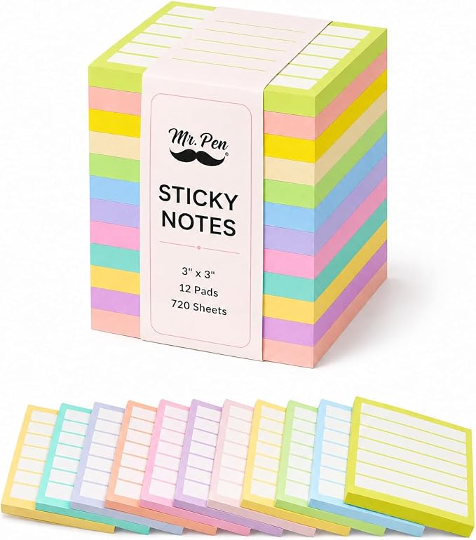 Mr. Pen- Lined Sticky Notes Bulk, 3"x3", 12 Pads, 60 Sheets/Pad, 720 Sheets
