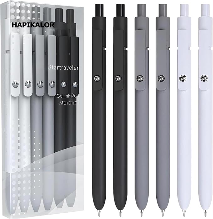 Hapikalor Gel Pens, 0.5mm Black Ink Pens Fine Point Smooth Writing Pens, High-End Series Metal Clip Retractable Pens for Journaling Note Taking, College Supplies (6pcs Black Gray White)