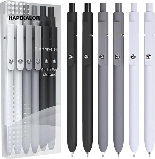 Hapikalor Gel Pens, 0.5mm Black Ink Pens Fine Point Smooth Writing Pens, High-End Series Metal Clip Retractable Pens for Journaling Note Taking, College Supplies (6pcs Black Gray White)