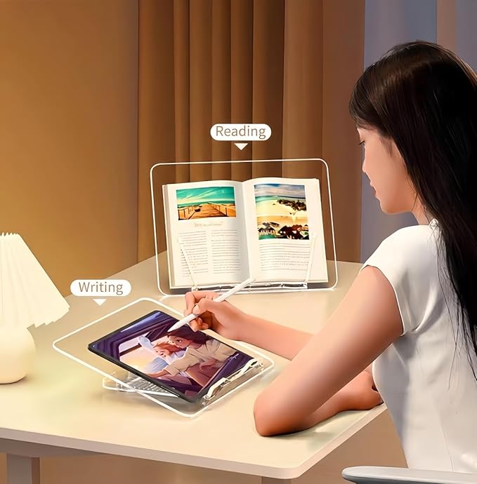 Acrylic Book Stand for Reading, Adjustable Book Holder & Tablet Stand, Portable Page Holder for Cookbooks, Textbooks, Notebooks, Recipes (L (11.8 * 15.4 inch))