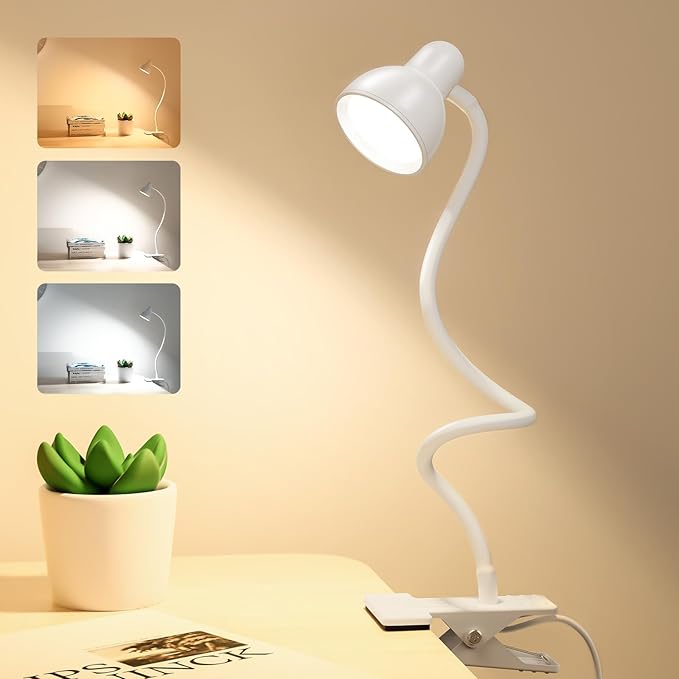 Clip on Lamp USB Reading Light, 3 Color Modes, 10 Brightness Dimmable, 360° Flexible Desk Lamp with Clamp, Eye Care Clip on Light for Bed Desk Headboard Home Dorm White