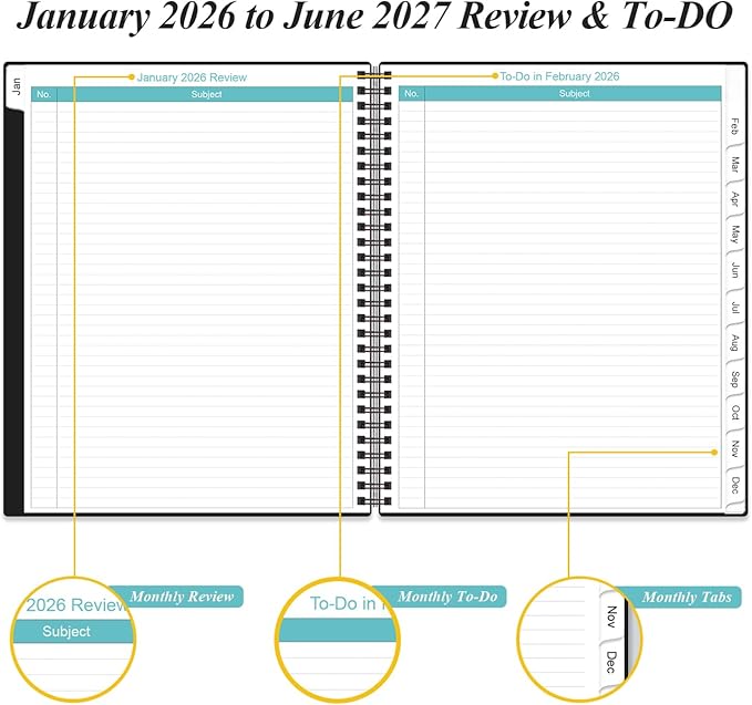 2026-2027 Monthly Planner - 18 Monthly Calendar, January 2026 - June 2027, Two Pages Per Month, 9" x11" Planner with Tabs, Strong Twin-Wire Binding, Inner Pocket, Black