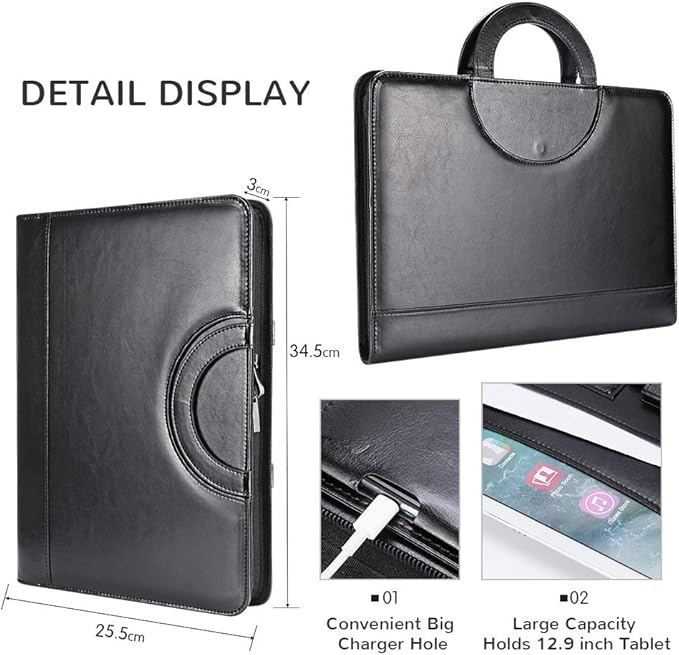 Darolin Vegan Leather Padfolio Portfolio with Handle & Clipboard, Zippered Business Portfolio Organizer for Meetings, Interviews & Travel, Fits A4 & Letter Size, Padfolio for Men Women (Black)