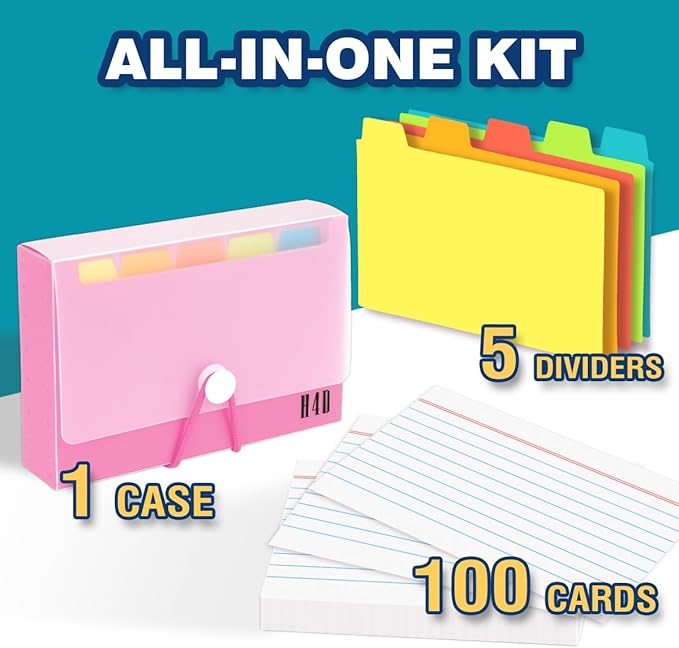 H4D 3x5 Index Card Case with 100 Heavyweight Ruled Index Cards and Dividers, Pink