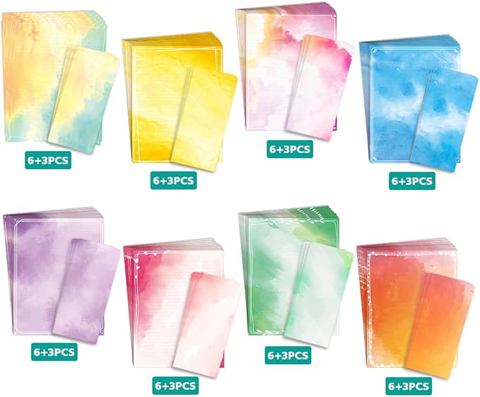 Anzon Mories Watercolor Stationary Writing Paper Envelope Set (2 Sides Colored, 1 Side Lined) 48 Sheets, 24 Pcs Envelopes, Letter Stationery 8.5 x 11 In Decorative Paper, 8 Designs Assorted
