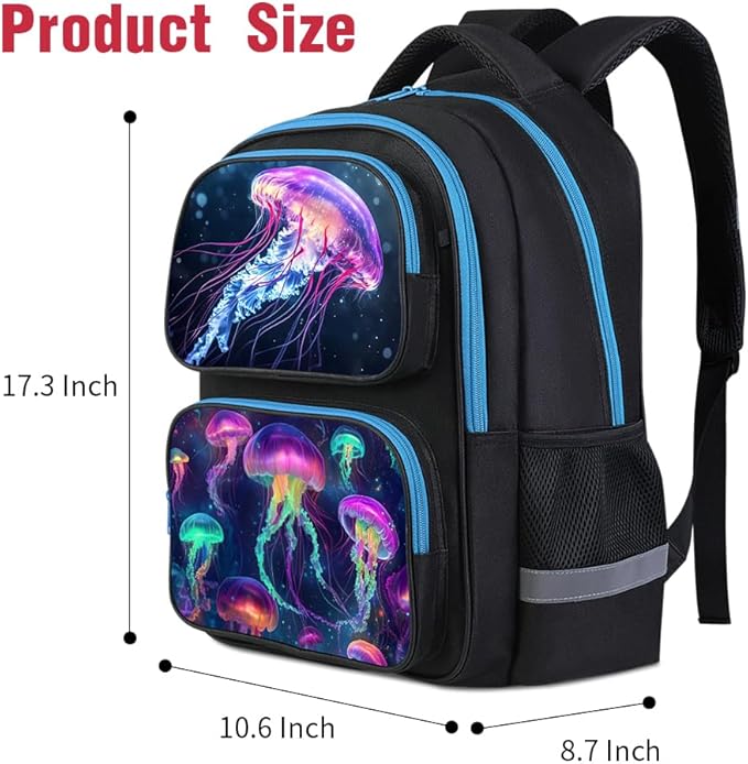 HiMagics School Backpack For Boys Girls Backpack For Kids Toddler Teens Elementary Middle School 17 inch Boys Backpacks Ages 6-18 Travel Book bag with Chest Strap Jellyfish Pattern