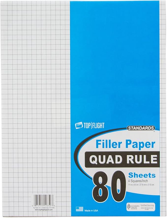 Top Flight Filler Paper, Quadrille Rule, 11 x 8.5 Inches, 80 Sheets (12650)