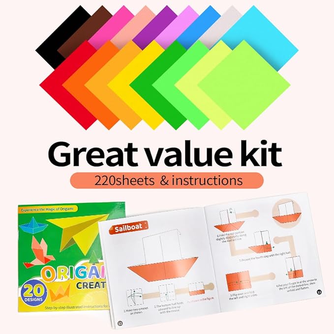 Origami Paper, Double Sided Color Origami Paper kit, 220 Sheets Multicolor Square Easy fold paper with Origami manual for Beginner, Paper & Paper Crafts DIY Projects(6x6inch)