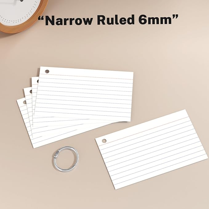 300 Count Index Cards with Ring, 3x5 Inch, 6-Pack of White Ruled Pads, 50 Sheets per Pad, Study & Flash Card School Supplies for Students & Professionals