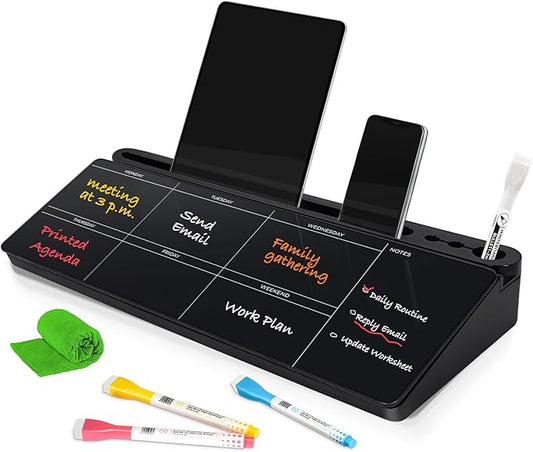 DOLLAR BOSS Glass Desk Whiteboard Calendar Small Dry Erase Board Desktop White Board with Storage Drawer Computer Keyboard Stand Desk Organizer, Weekly Calendar, Black
