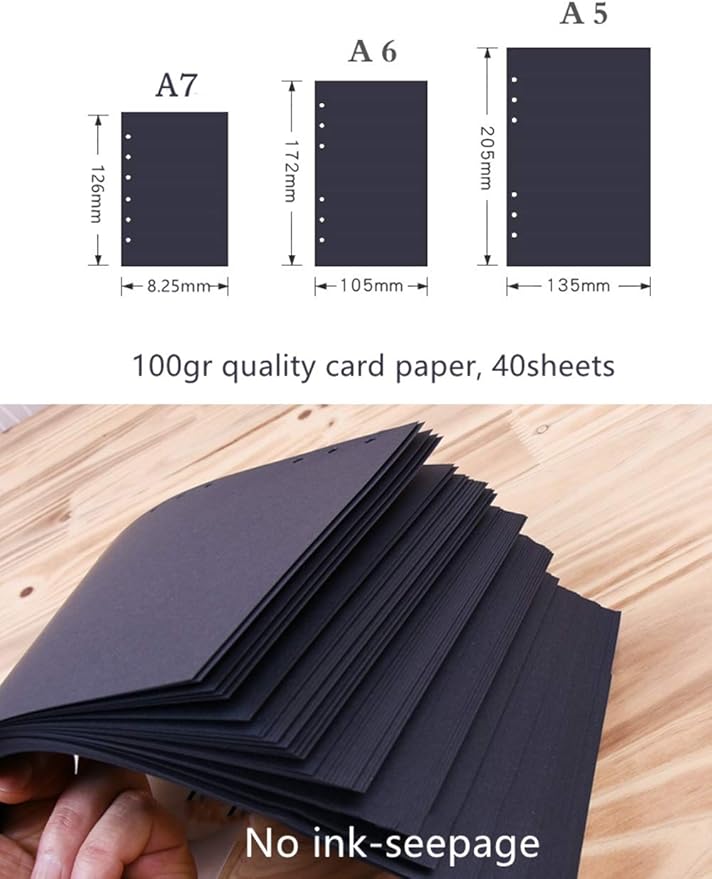 A5 Planner Refill Black Blank Planner Inserts, 6 Ring Binder Refill, Black Paper for Refillable Binder Compatiable with Filofax, All Plain, 40 Sheets 90 Pages A5 5.59'' x 8.27''