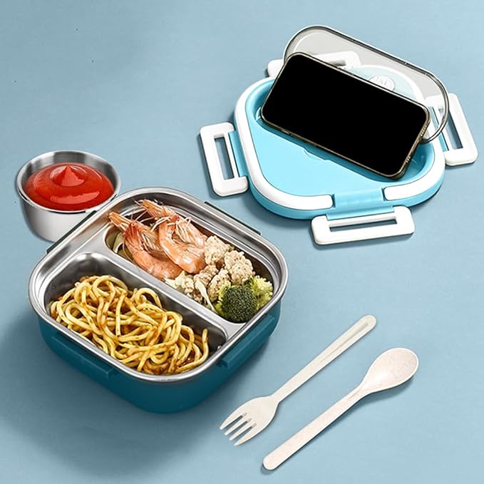 Stainless Steel Bento Box, 35oz Lunch Box with Utensil, 3 Compartment Portable Salad Dressings Container for Lunch, Metal Leakproof Snack Box Container for Sandwitch, Sauce