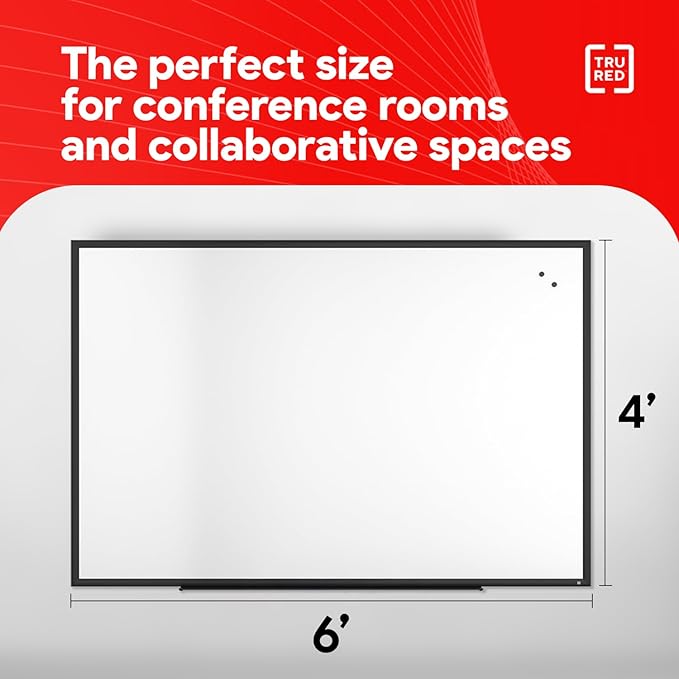 TRU RED Magnetic Porcelain Whiteboard | Dry Erase Board for Wall, White Board with Black Frame, 6 ft x 4 ft, 4 Chisel Tip Markers Included