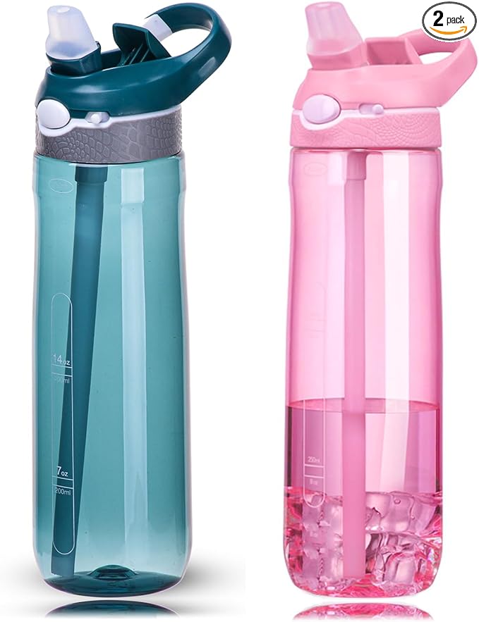 DEARART 2-Pack 24oz Pink & Dark Cyan Water Bottles With Straw, Leakproof BPA FREE Hidden Nozzle, Flip Up Lid Has Handle Wide Bottle Easy Clear, Suit Office Yoga Outdoor Sports Travel Gym.