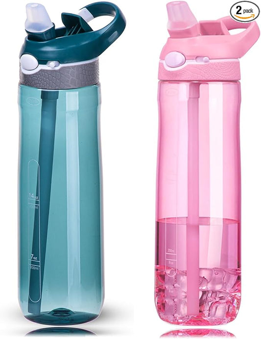 DEARART 2-Pack 24oz Pink & Dark Cyan Water Bottles With Straw, Leakproof BPA FREE Hidden Nozzle, Flip Up Lid Has Handle Wide Bottle Easy Clear, Suit Office Yoga Outdoor Sports Travel Gym.