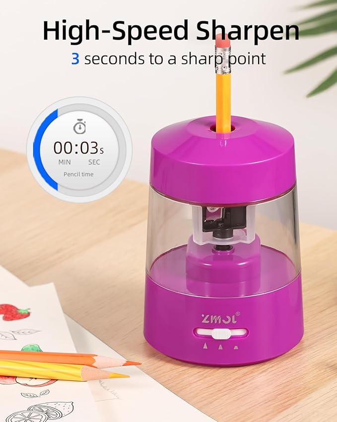 ZMOL Electric Pencil Sharpener Battery Operated Power Kids for Colored & Jumbo Pencils No.2/(6-12mm) - Safe & Easy Use Plug in Portable with (AC Adapter,USB, Battery) for Classroom/Office/Home Pink