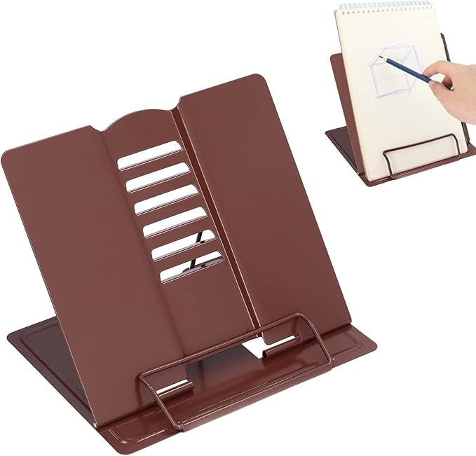 Book Holder Stand Adjustable Height Angle Ergonomic Design Foldable Portable Metal Reading Stand for Home Office School Iron Material 22 x 21cm (Coffee)