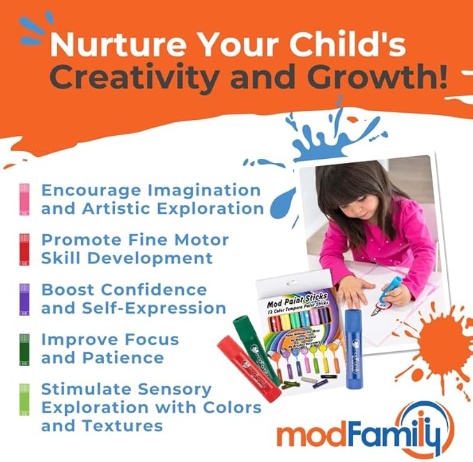 Washable Tempera Paint Sticks for Kids 12 Count - ModFamily Mod Paint Sticks- Non-Toxic Quick-Drying Paint Markers, Mess-Free Art Set for Toddlers & Children – No Water or Brushes Needed