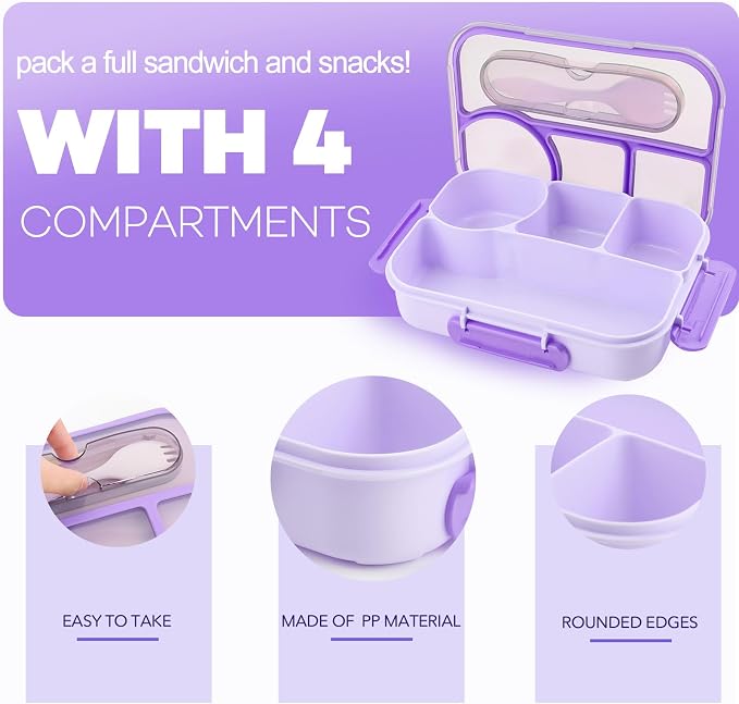 Bento Box for Adults, 4 Compartments Lunch Box, Lunch Containers, Purple