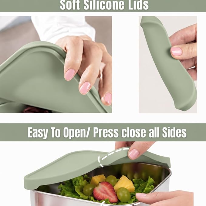 Modaniam Flexibento Leak Proof 40 OZ Stainless Steel Lunch Box, Silicone Lids, Sage Set of 3