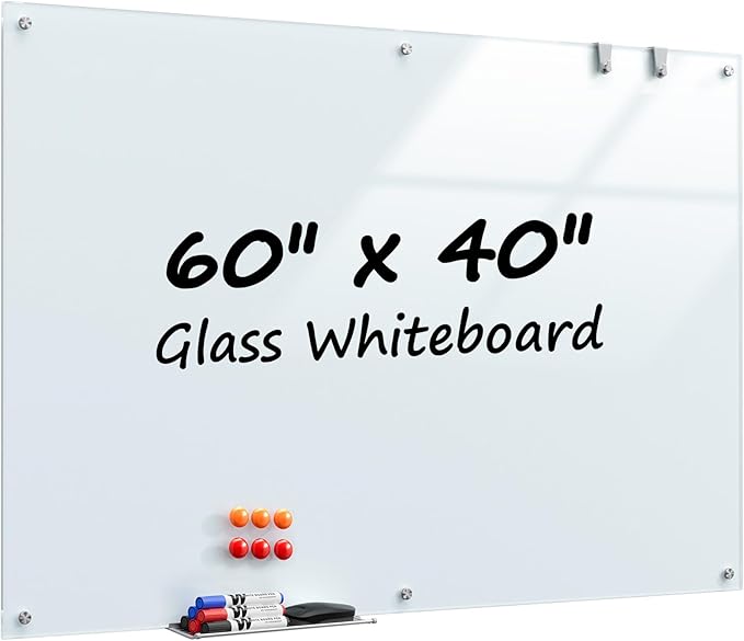 MaxGear Glass Whiteboard 60 x 40 Inch, Large Tempered Glass Dry Erase Board, Frameless Wall Mounted Magnetic Whiteboard for Office, Conference Room, Classroom, Team Collaboration