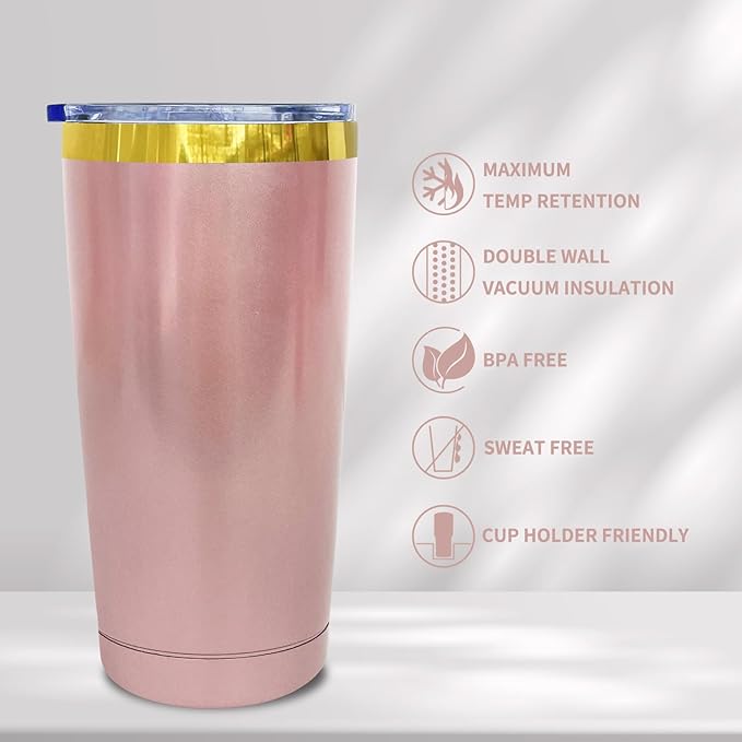20 oz Tumbler Bulk Stainless Steel Tumblers with Lids and Straws, Double Wall Vacuum Insulated Travel Coffee Mug for Laser Engrave, Powder Coated Cups for Hot and Cold Drinks (Rose Gold,1 pack)