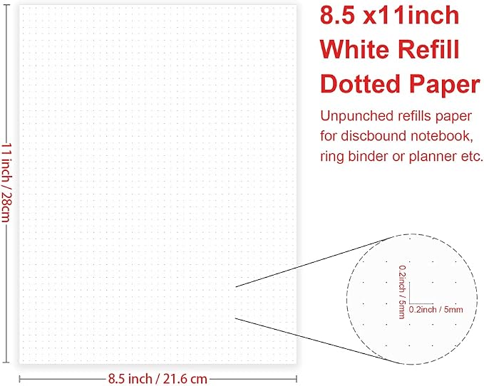 Letter Size Unpunched Dotted Refill Paper, Loose Leaf Filler Paper for Ring Binder/Disc Notebook Planner Inserts, 100gsm Dot Grid White Paper, 100Sheets/200Pages, 8.5'' x 11''