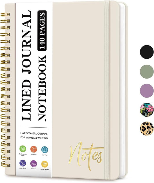 ZOTIA Lined Spiral Journal Notebook for Women, A5 College Ruled Journals for Writing, Hardcover Notebooks for Work, Note taking and Office School Supplies,140 Pages - Grey Beige