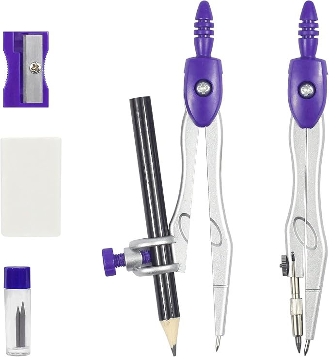 Vobou 10 Pieces Math Geometry Kit Set Student Supplies with Shatterproof Storage Box,Includes Rulers,Protractor,Compass,Eraser,Pencil Sharpener,Lead Refills,Pencil,for School and Drawings（Purple）