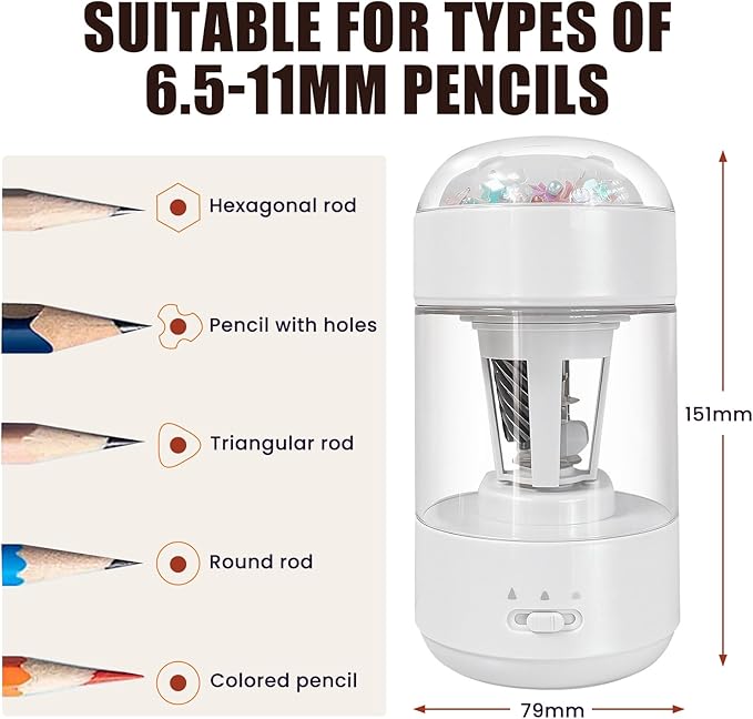 Electric Pencil Sharpener(6-8mm), Fully Automatic Colored Pencil Sharpener for Kids with Auto in & Out Rechargeable Sharpener for Classroom//Office/Home Kids Gift