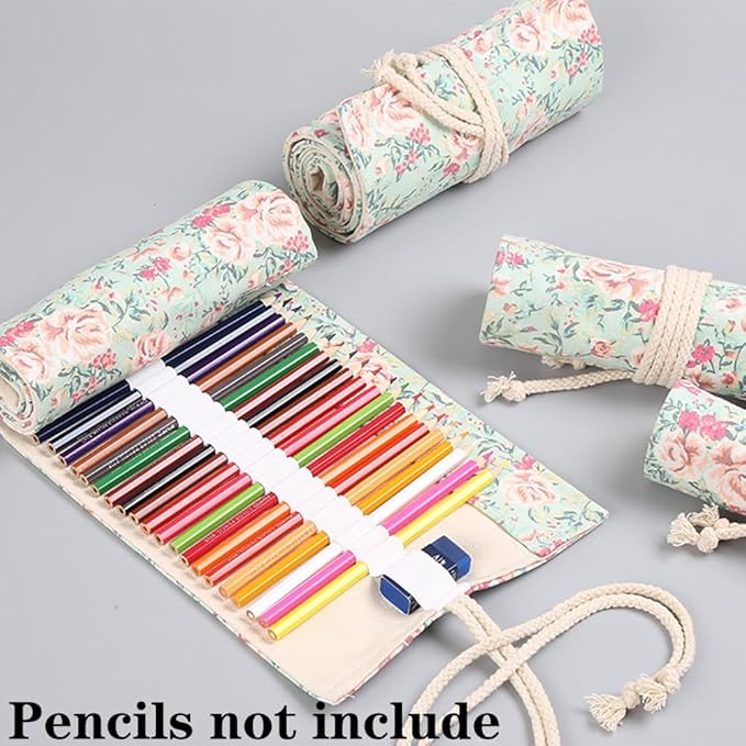 DIYOMR 24/36/72 Slots Pencil Wrap Pencil Rolls, Artist Colored Pencils Roll Up Bag Short Brushes Pouch Case Pencils Organizer for Drawing Coloring and Sketching (Small Floral, 12slots)