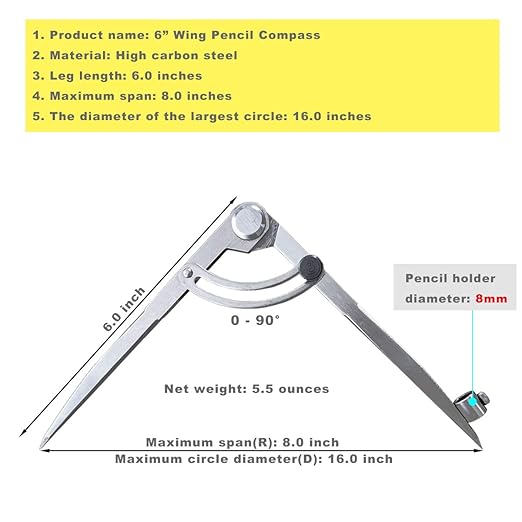 6/8/10 inch Professional Woodworking Compass with Pencil Holder & Lockable Wing, Geometry & Drafting Compass for Carpenter (6 inch)