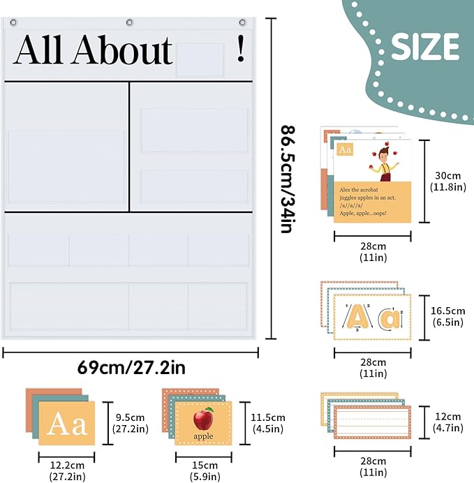 All About Letters Pocket Chart with 99 ABC Flash Cards, Letter of The Day/Week Daypocket Chart, Letter Tracing Learning Educational Wall Chart Preschool Classroom Homes, 34" X 27"White