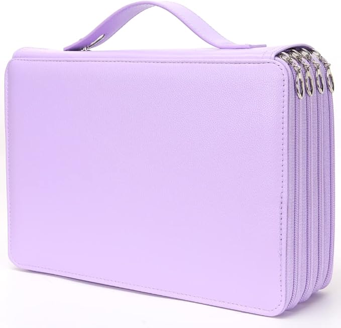 Vomgomfom 200 Slots Pencil Bag, 4-Layer Zipper Portable Art Supply Organizer, PU Leather Large Capacity Colored Pencil Case with Handle for 200 Watercolor Pens, Gel Pens (Purple)