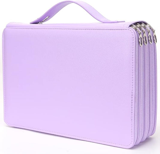 Vomgomfom 200 Slots Pencil Bag, 4-Layer Zipper Portable Art Supply Organizer, PU Leather Large Capacity Colored Pencil Case with Handle for 200 Watercolor Pens, Gel Pens (Purple)